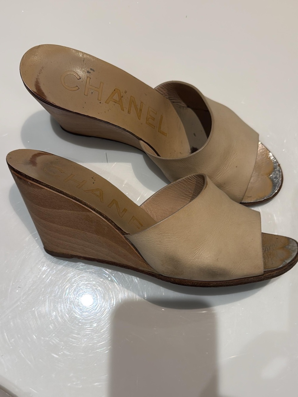 CHANEL Cream Leather Open-Toe Wedge Sandals